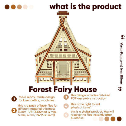 Product feature card for a miniature forest fairy house cottage vector template designed for laser cut plywood crafts.