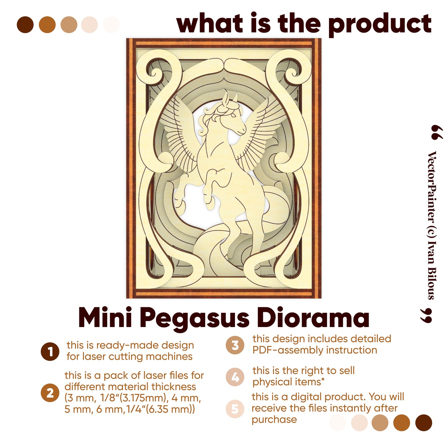 Mini Pegasus Diorama design with laser cutting instructions on a white background