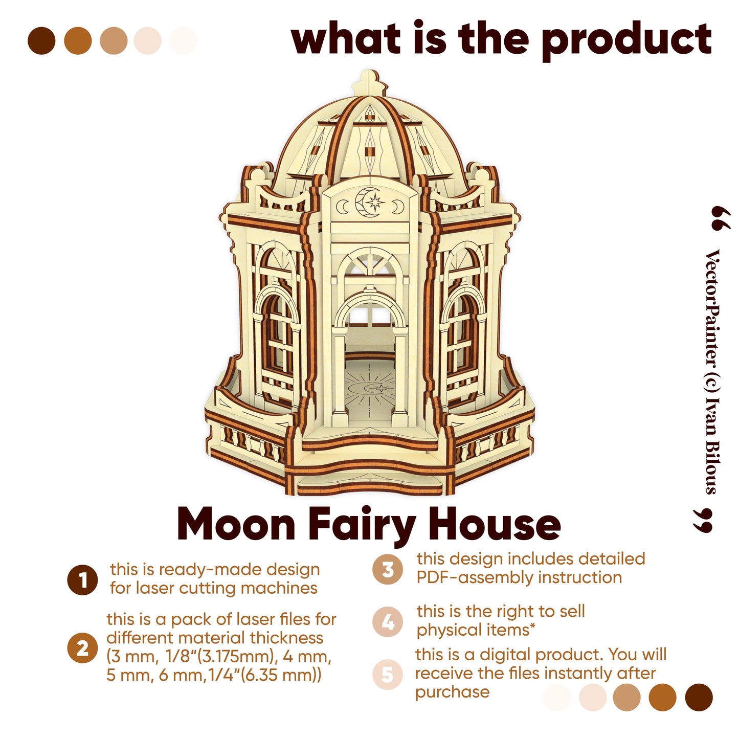 Product info infographic for Moon Fairy House laser cut plywood digital template pack with steps and commercial license.