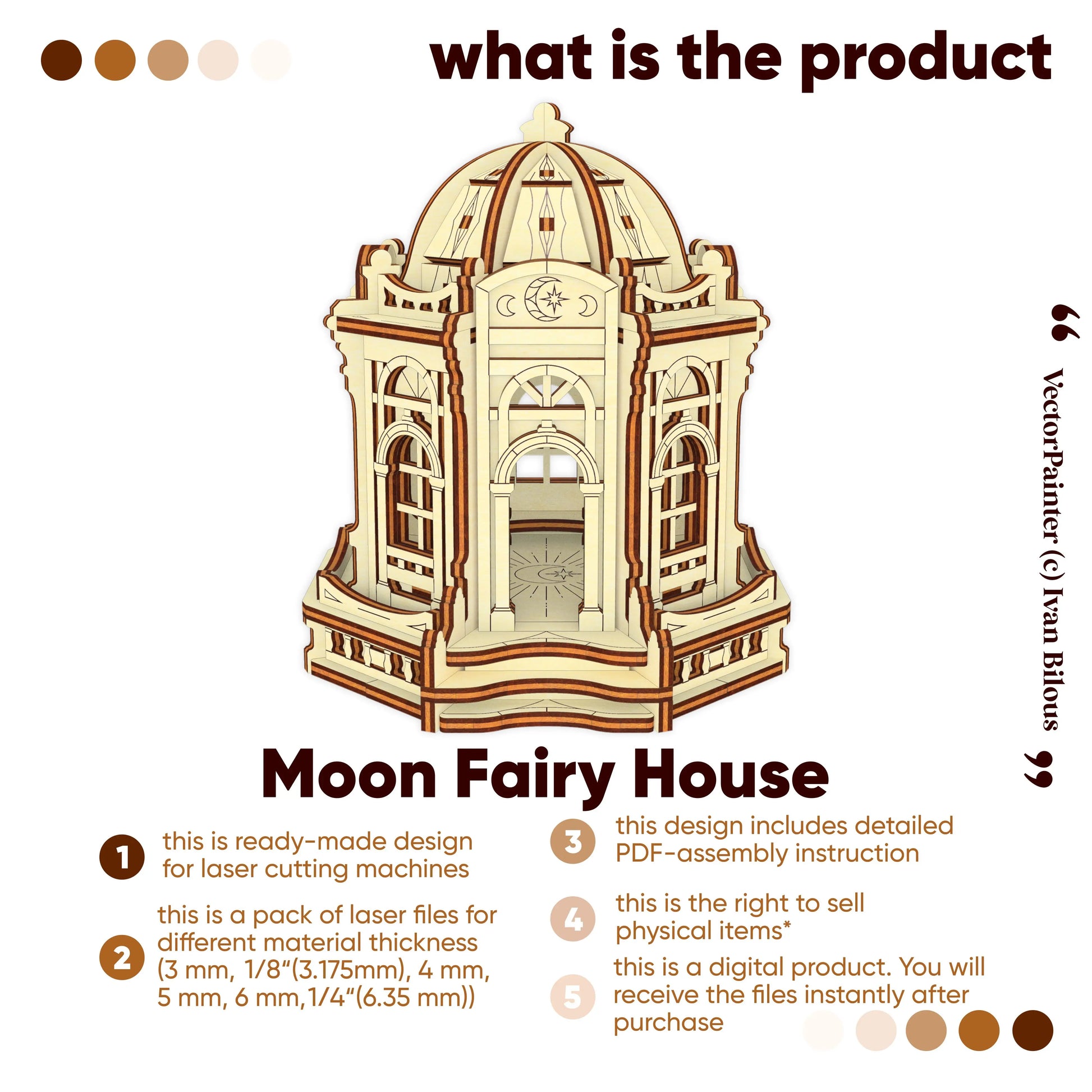 Product info infographic for Moon Fairy House laser cut plywood digital template pack with steps and commercial license.