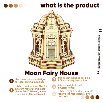Product info infographic for Moon Fairy House laser cut plywood digital template pack with steps and commercial license.