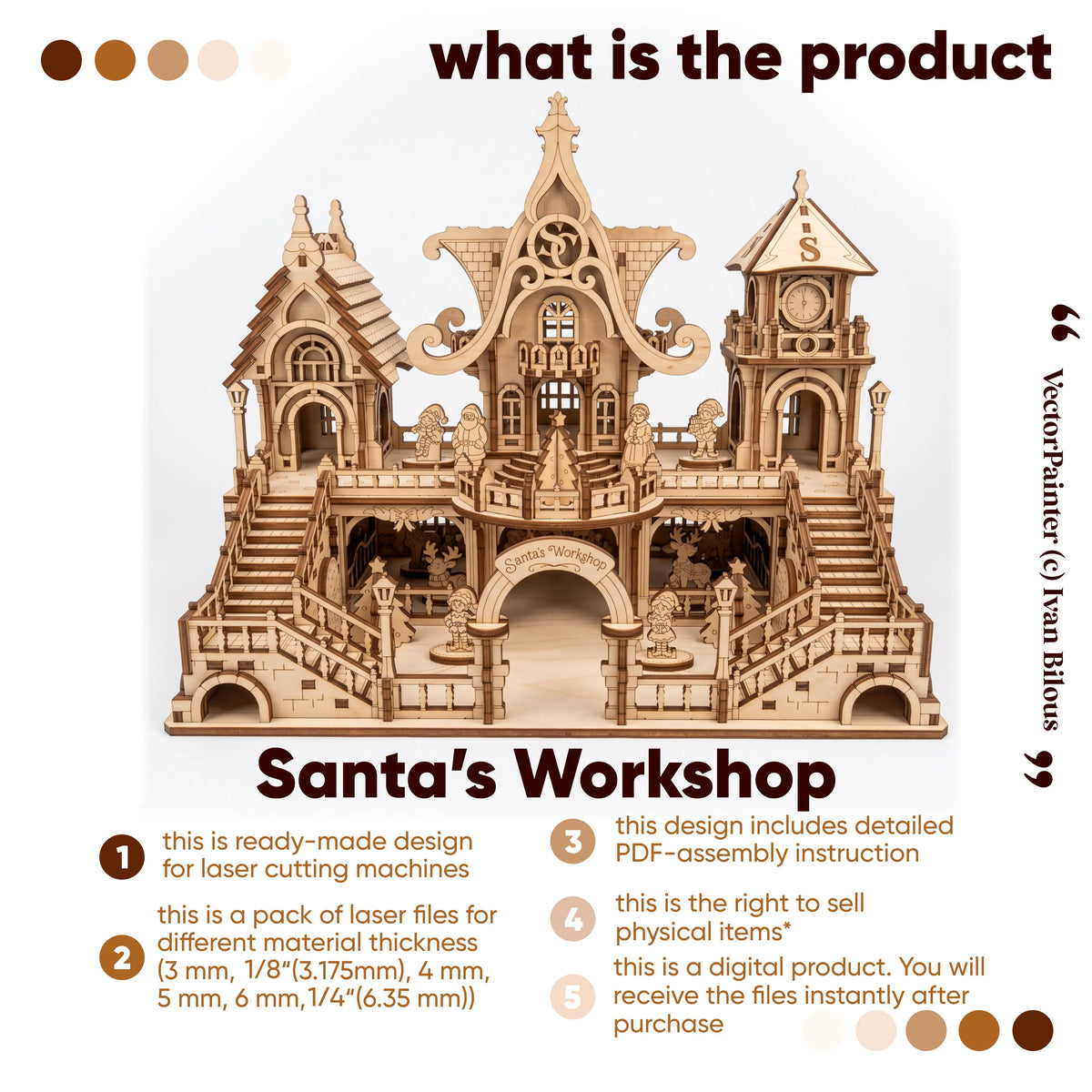 An informational product graphic for a laser-cut wooden model titled 'Santa's Workshop.' 