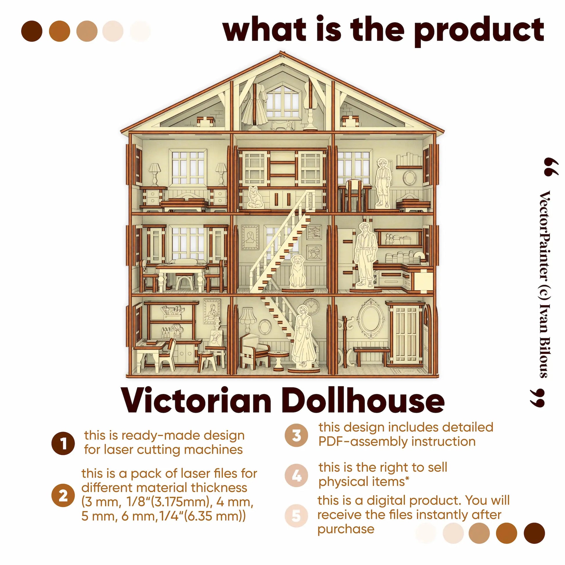 Illustration of a Victorian dollhouse with cross-sectional views and text about laser cutting files.