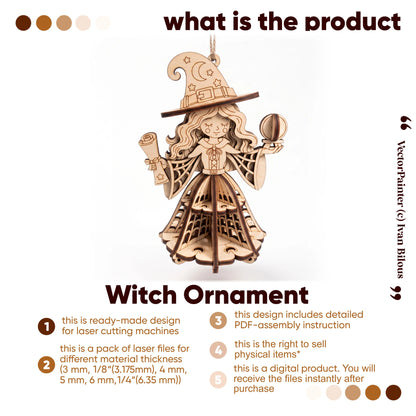 Product overview infographic for laser cut plywood witch ornament digital vector files and commercial use details.