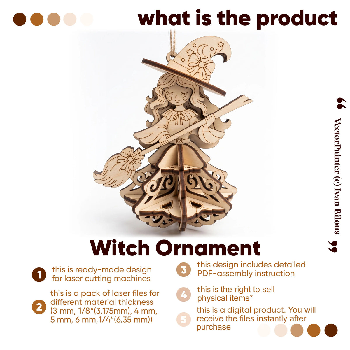 Product overview infographic for laser cut plywood witch ornament vector files with commercial license details.