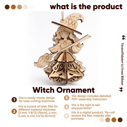 Product overview infographic for laser cut plywood witch ornament vector files with commercial license details.