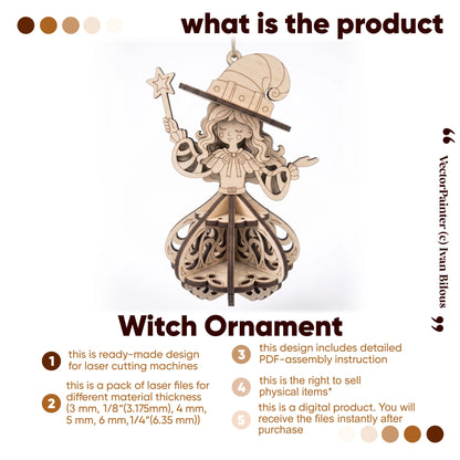 Overview infographic for laser cut plywood witch ornament files package featuring digital download and license details.