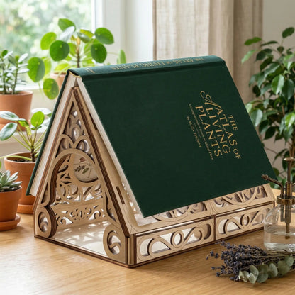 Decorative laser cut book stand with a green book titled 'Atlas of Plants' on a wooden surface with plants in the background.
