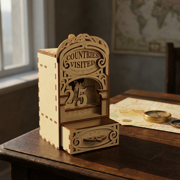 Wooden travel tracker with 'Countries Visited' display on a wooden surface.