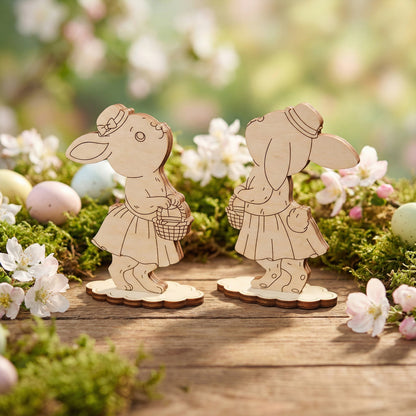Wooden laser cut rabbit and girl figurines on a wooden surface with flowers and eggs in the background
