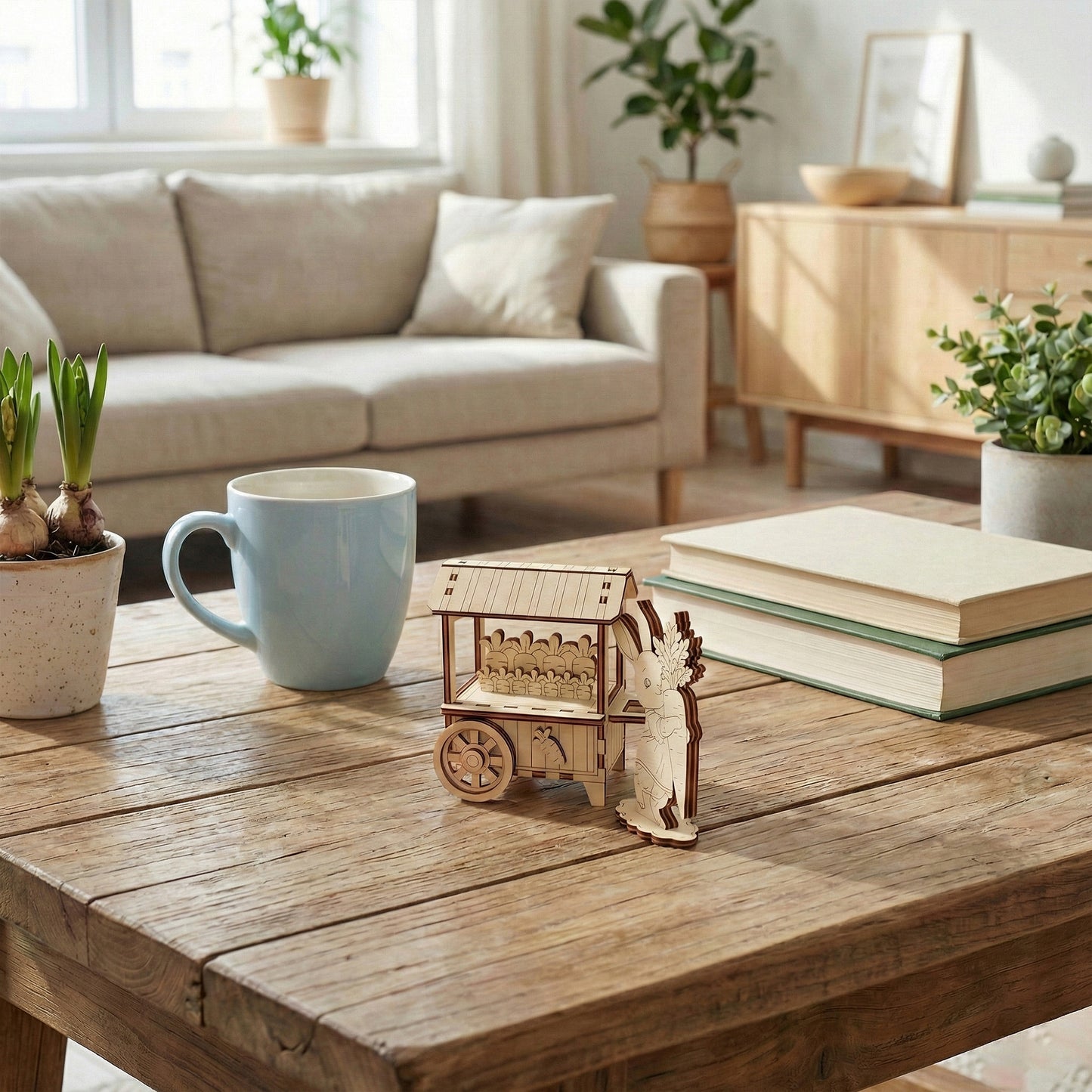 Wooden laser cut toy truck on a wooden table with a mug, books, and plants in a living room setting.