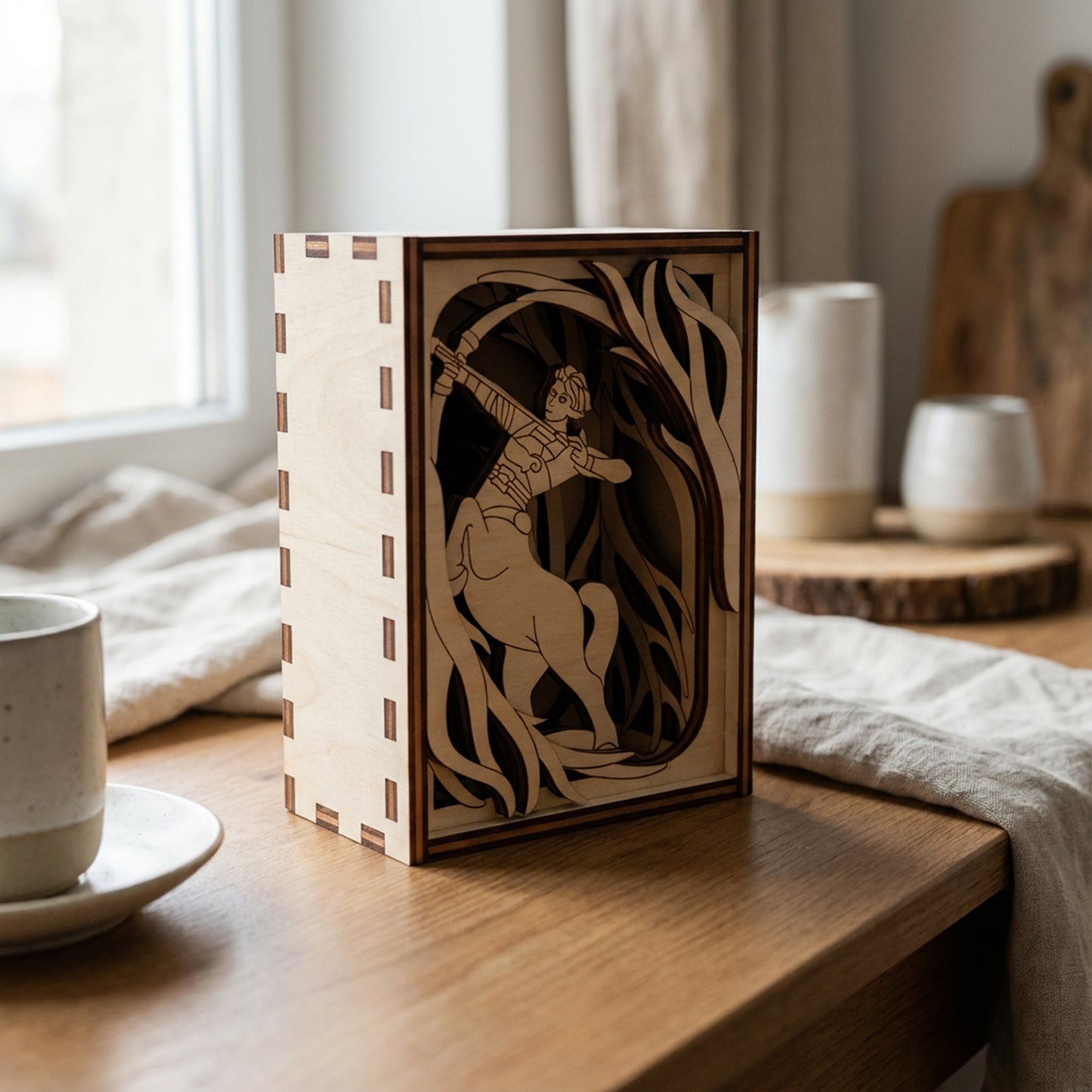 Wooden decorative box with laser-cut design on a wooden surface with cups in the background