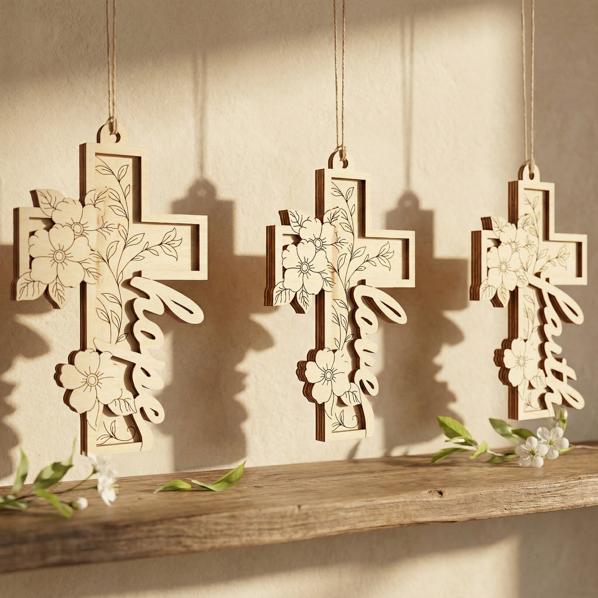 Decorative wooden laser cut crosses with floral designs on a wooden surface.