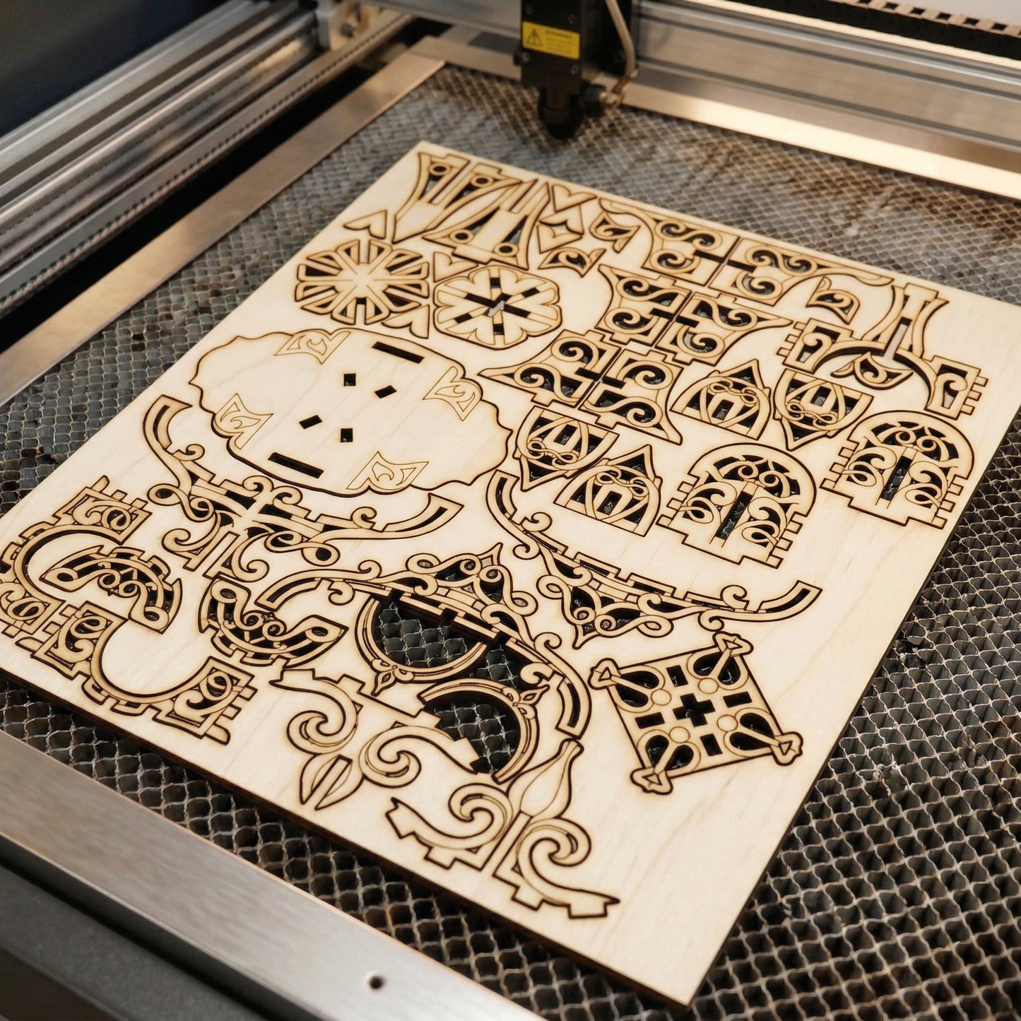 Wooden sheet with laser-cut decorative patterns on a laser cutting machine.
