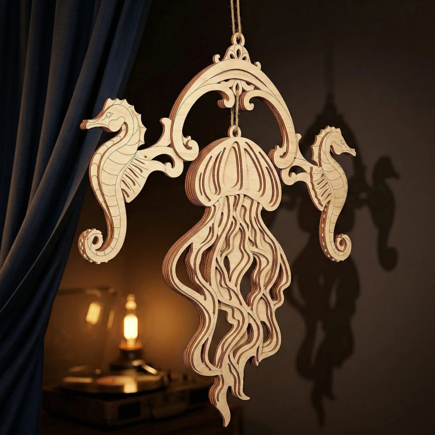 Decorative wooden wall hanging with seahorses and a jellyfish design against a dark background.