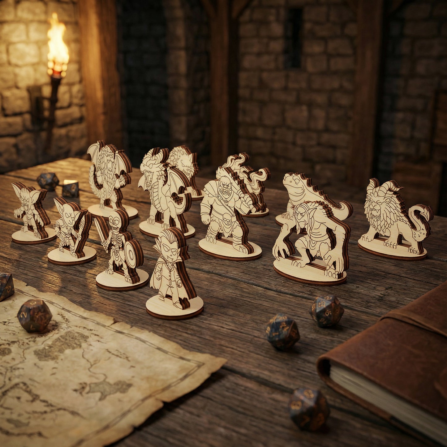 Collection of laser cut fantasy miniatures on a wooden table with a rustic background