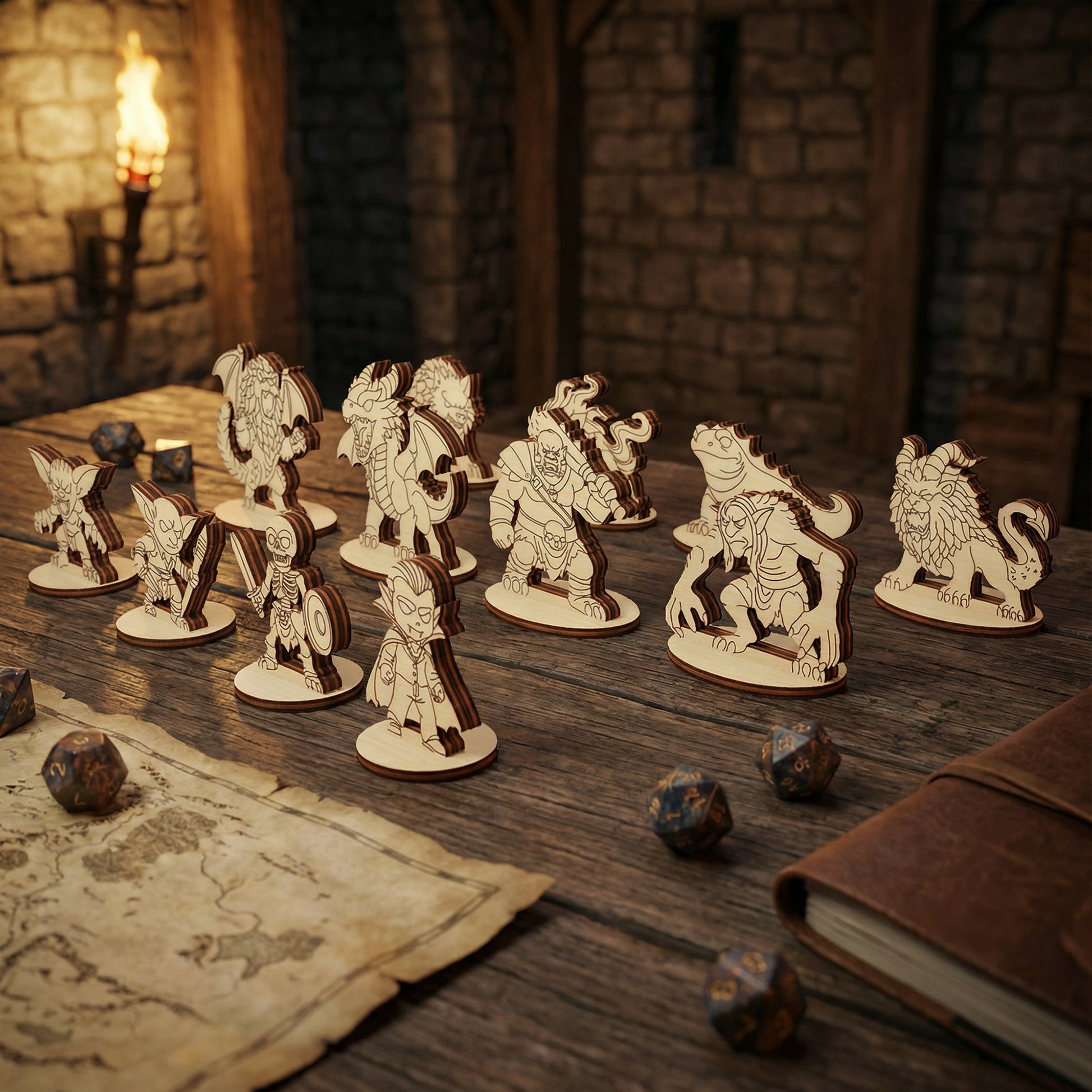 Collection of laser cut fantasy miniatures on a wooden table with a rustic background