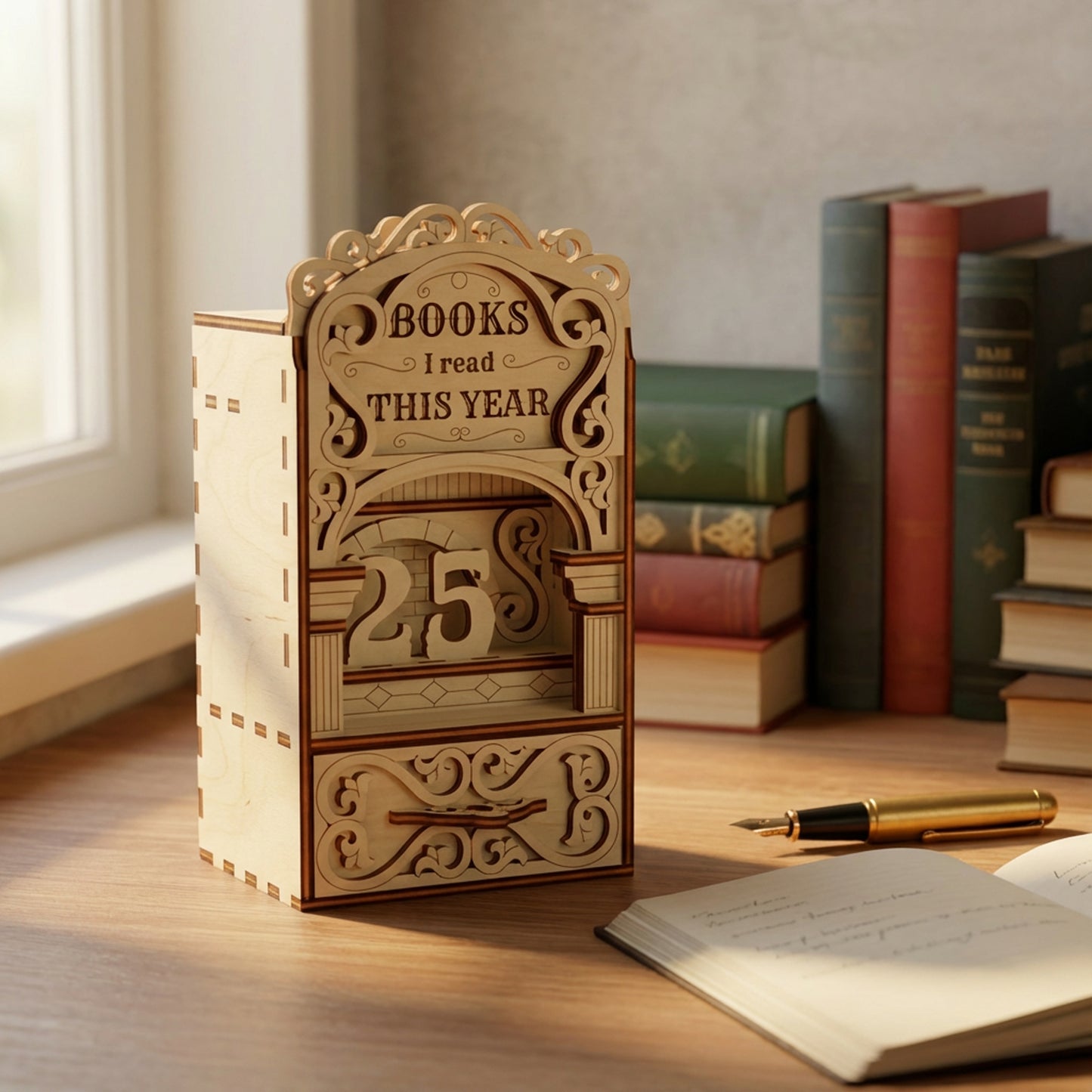 Laser cut book nook digital download displayed on a writing desk, featuring a wooden bookshelf insert for book lovers.