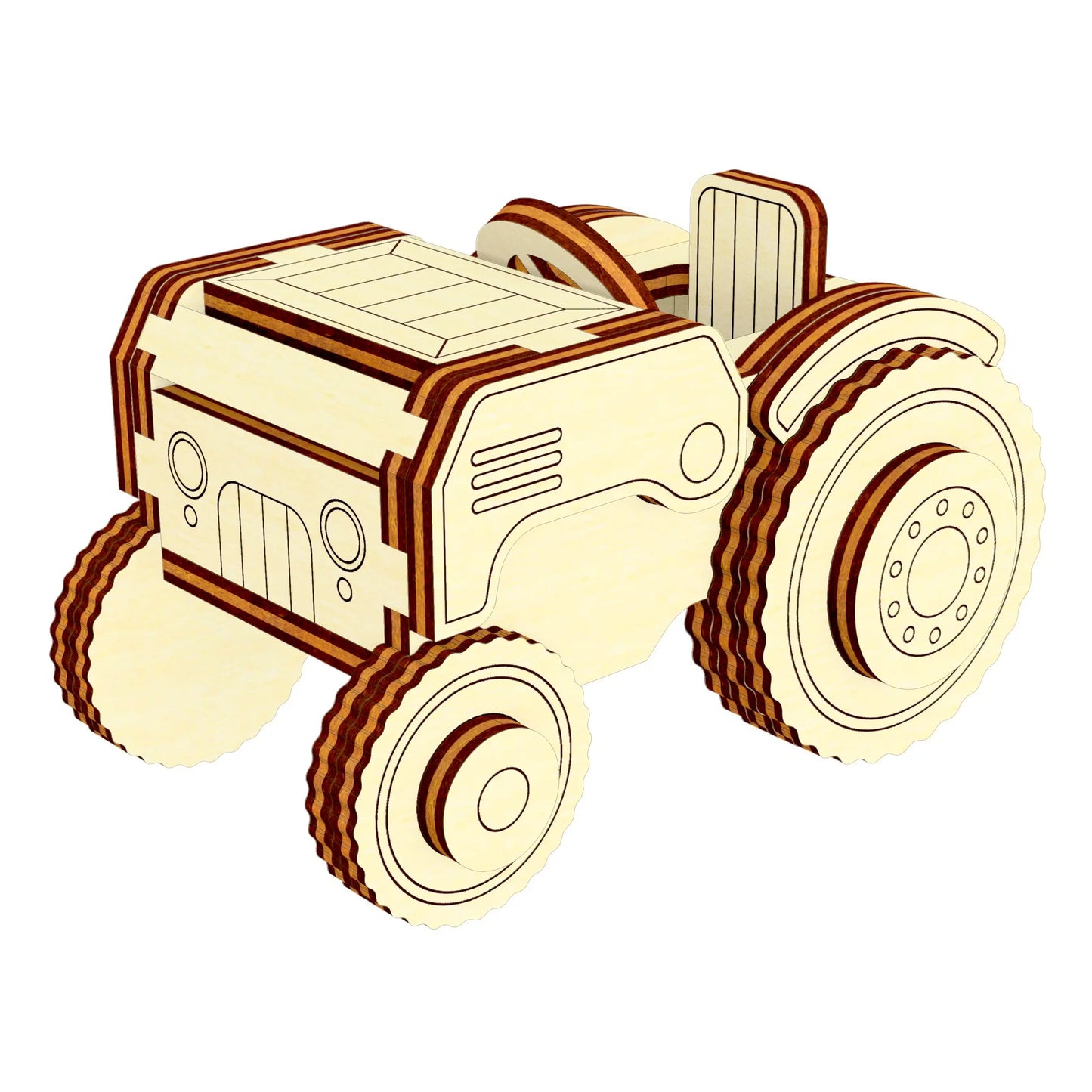 Front angle isolated render of a miniature model farm tractor toy built out of layered laser cut plywood panels.