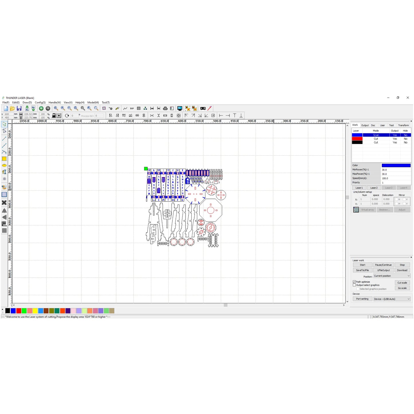 Laser cut plywood design layout with vector cutting paths for a runic lighthouse puzzle in a software interface.