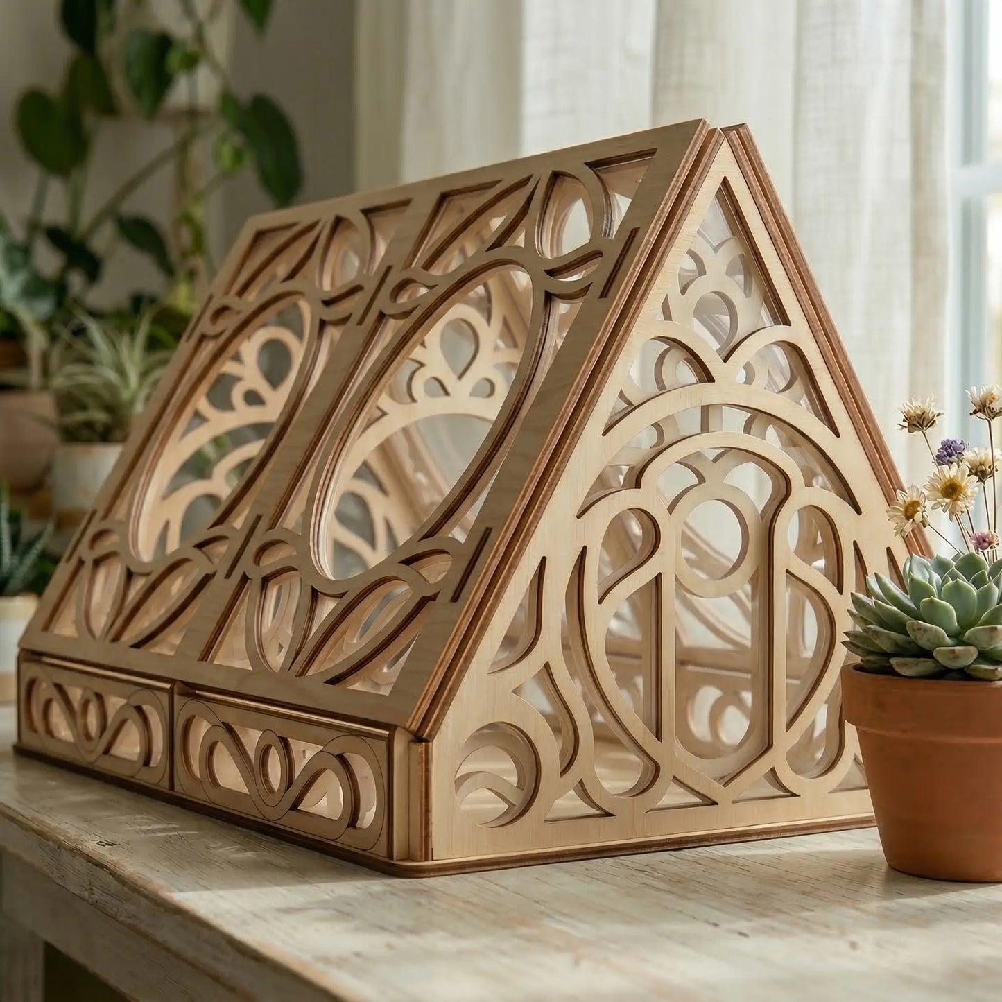 Wooden geometric decorative greenhouse laser cut design on a table with plants in the background