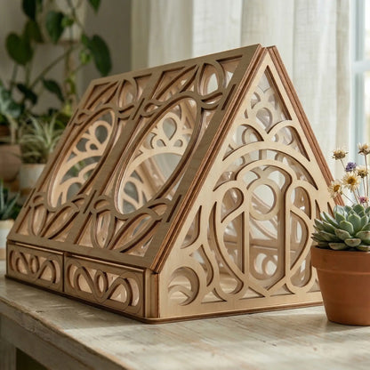 Wooden geometric decorative greenhouse laser cut design on a table with plants in the background