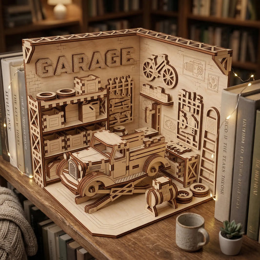 Laser Cut Book Nook model of a garage with truck and shelves on a shelf with books and a mug.