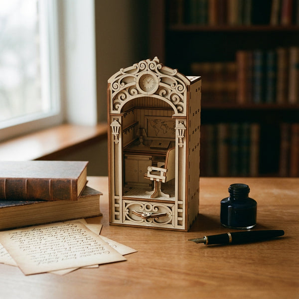 Decorative wooden laser cut  book nook with intricate design on a wooden surface with books and an inkwell.
