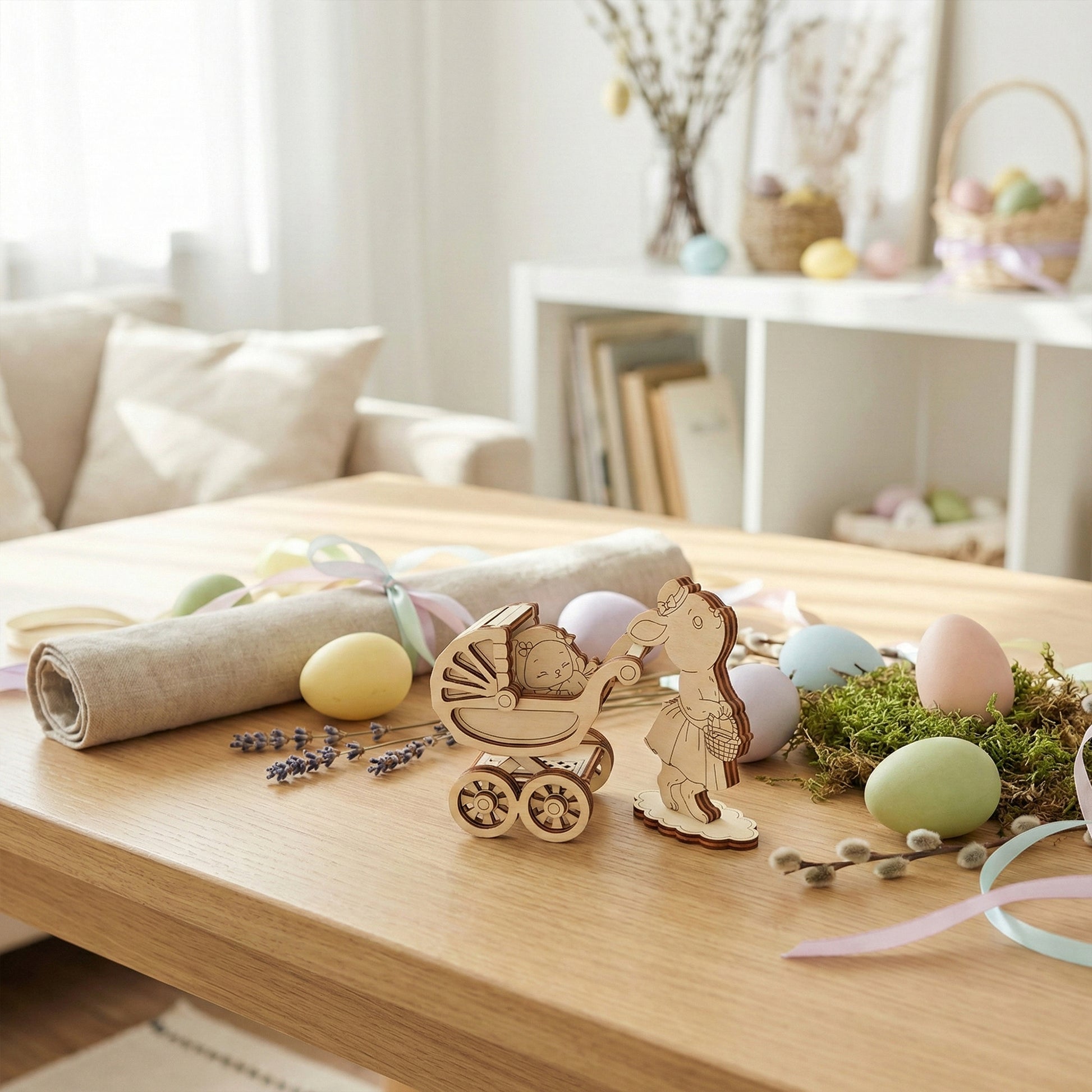 Laser Cut decorative Easter setup on a wooden table with pastel-colored eggs, a wooden toy, and decorative elements.