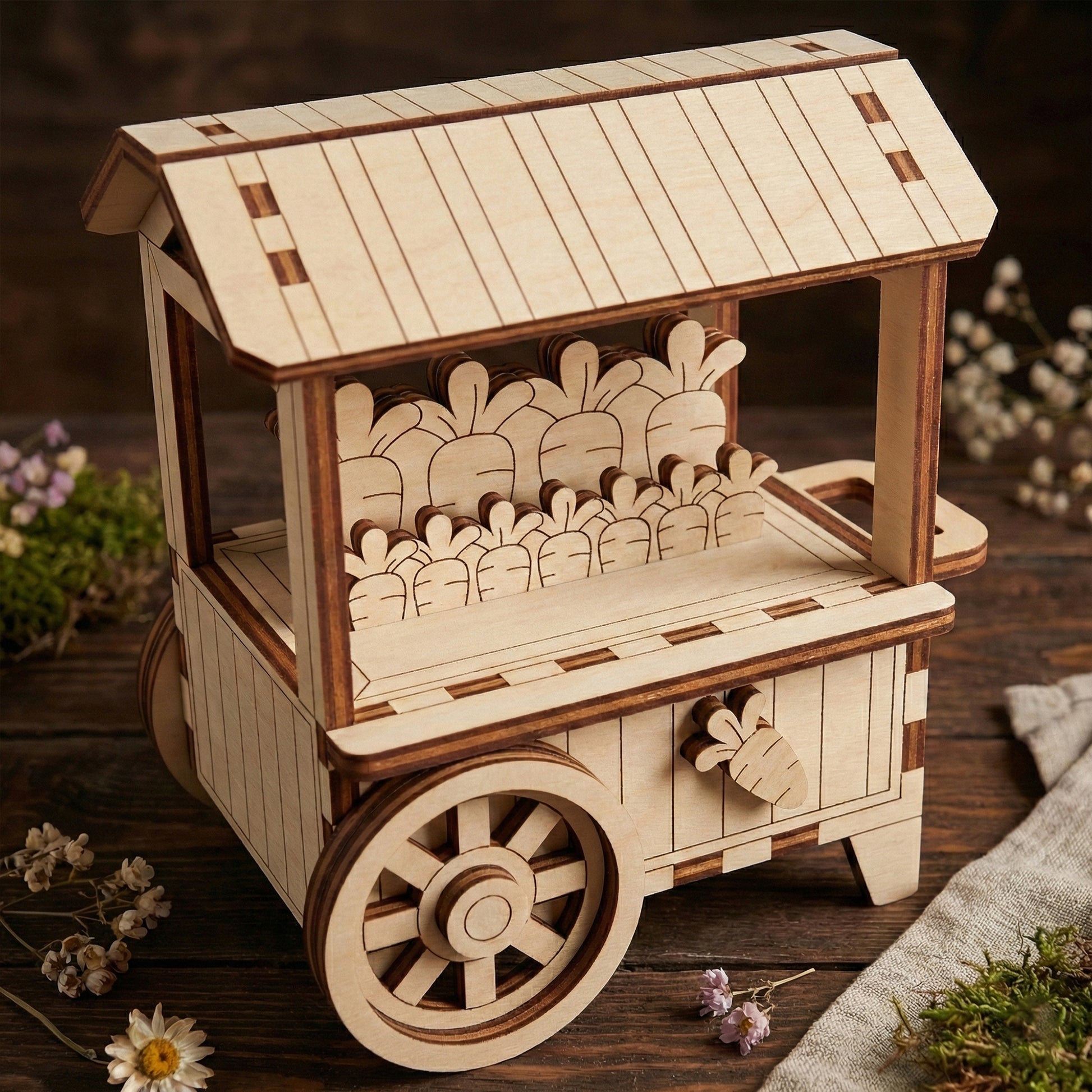 Wooden toy laser cut cart with rabbit figures on a wooden surface with flowers.