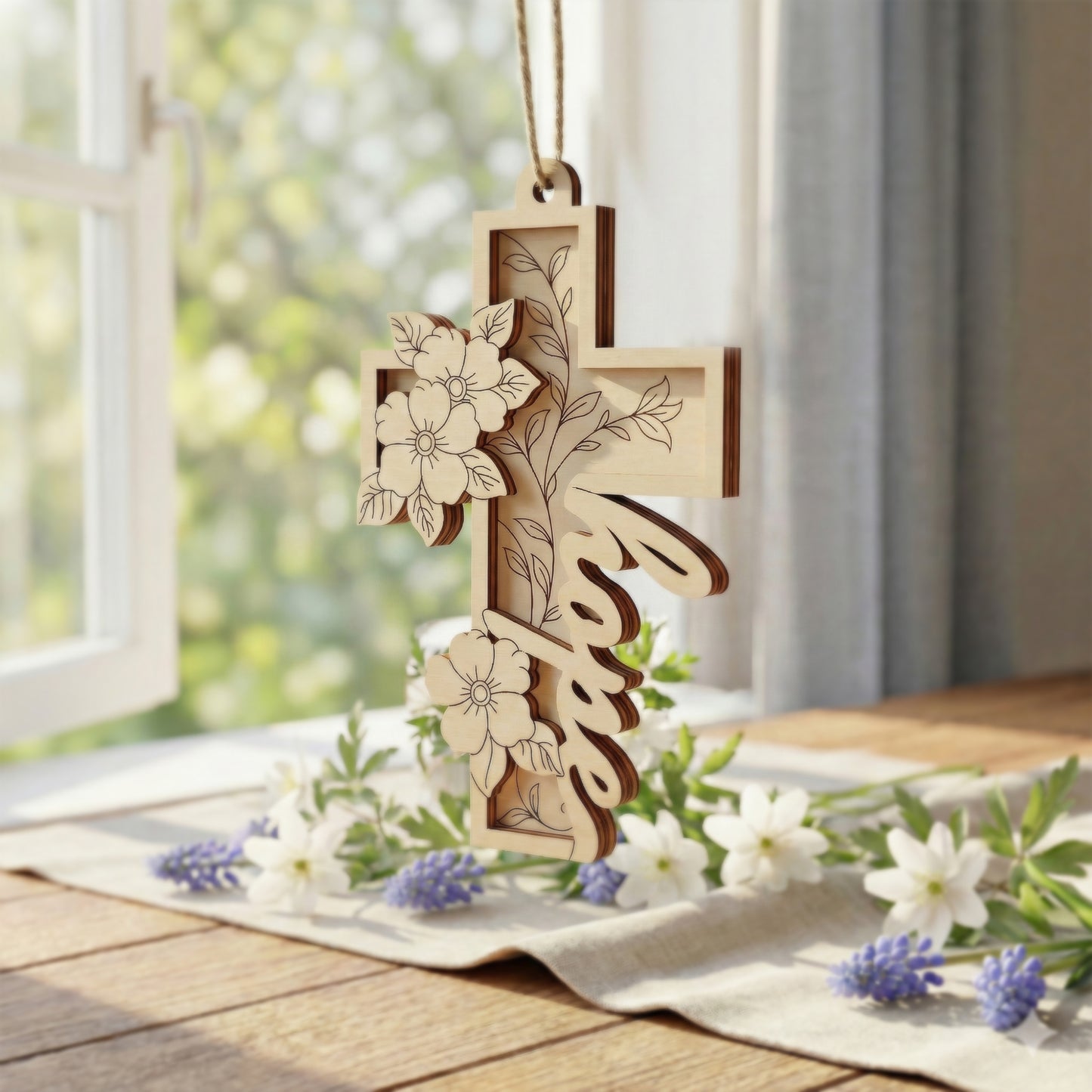 Laser cut cross with floral designs hanging on a table with flowers and a window in the background