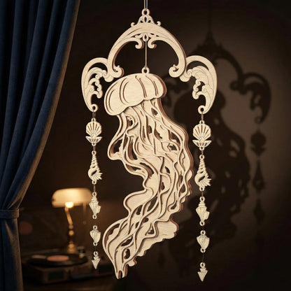 Decorative wooden laser cut jellyfish wall hanging with intricate details on a dark background.