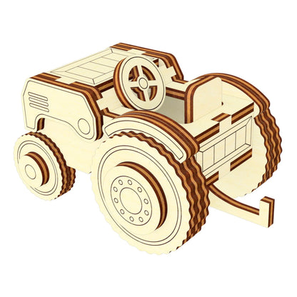 Isometric 3D model graphic of a miniature toy tractor assembled from precise light-colored laser cut plywood sheets.