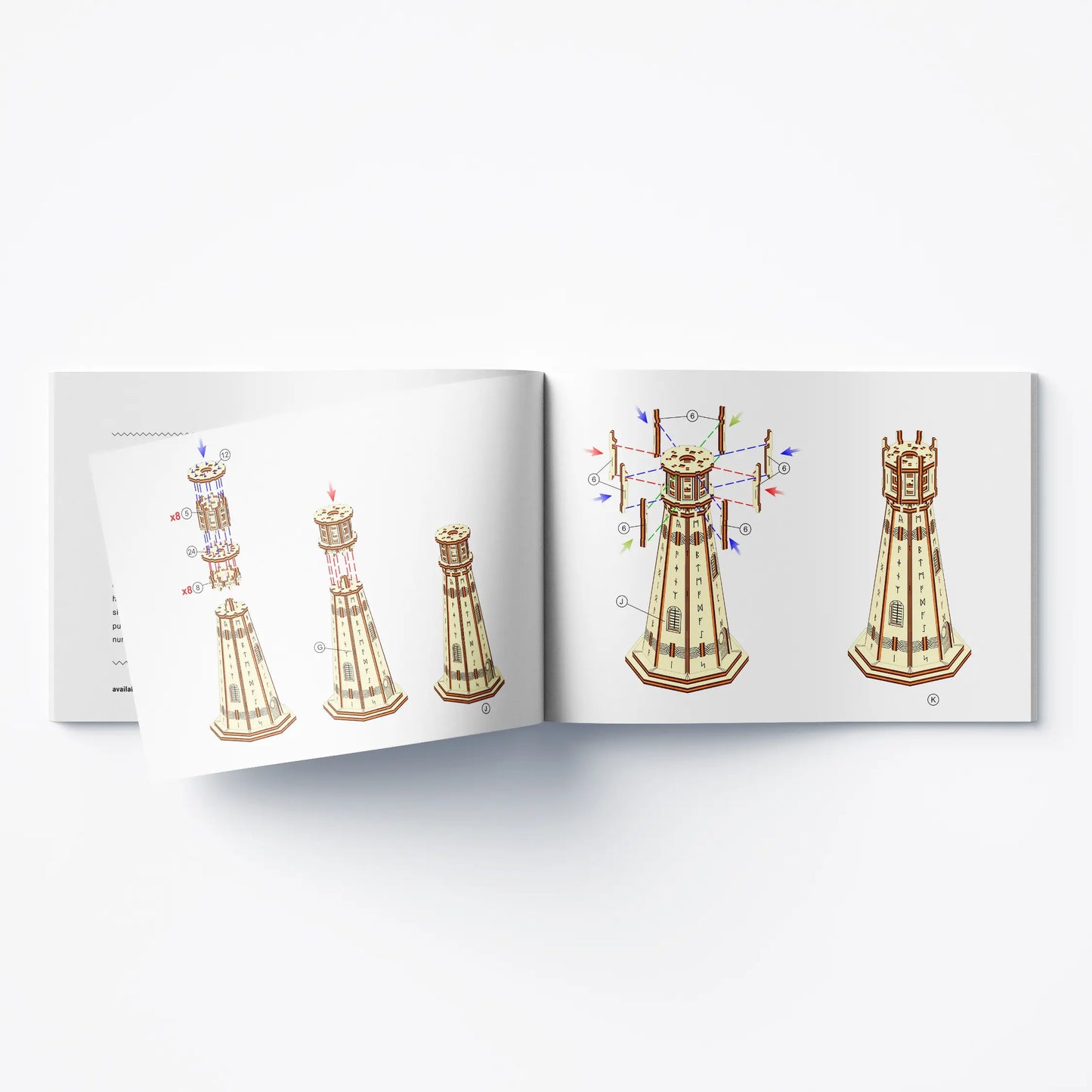 Open instruction manual showing sequential 3D step diagrams to build a DIY runic laser cut plywood lighthouse.