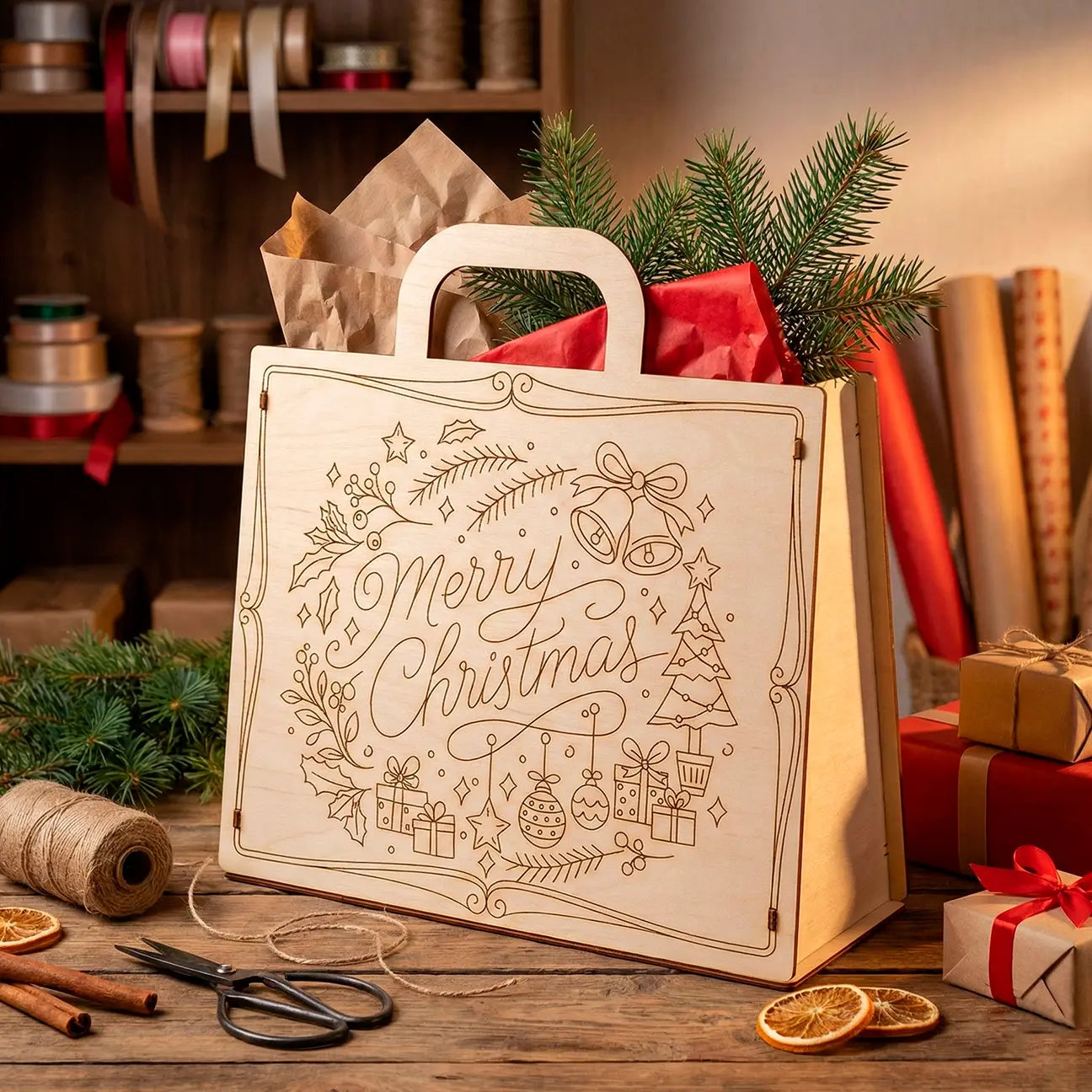Laser cut Christmas bag with festive design on a wooden table with gift wrapping materials.