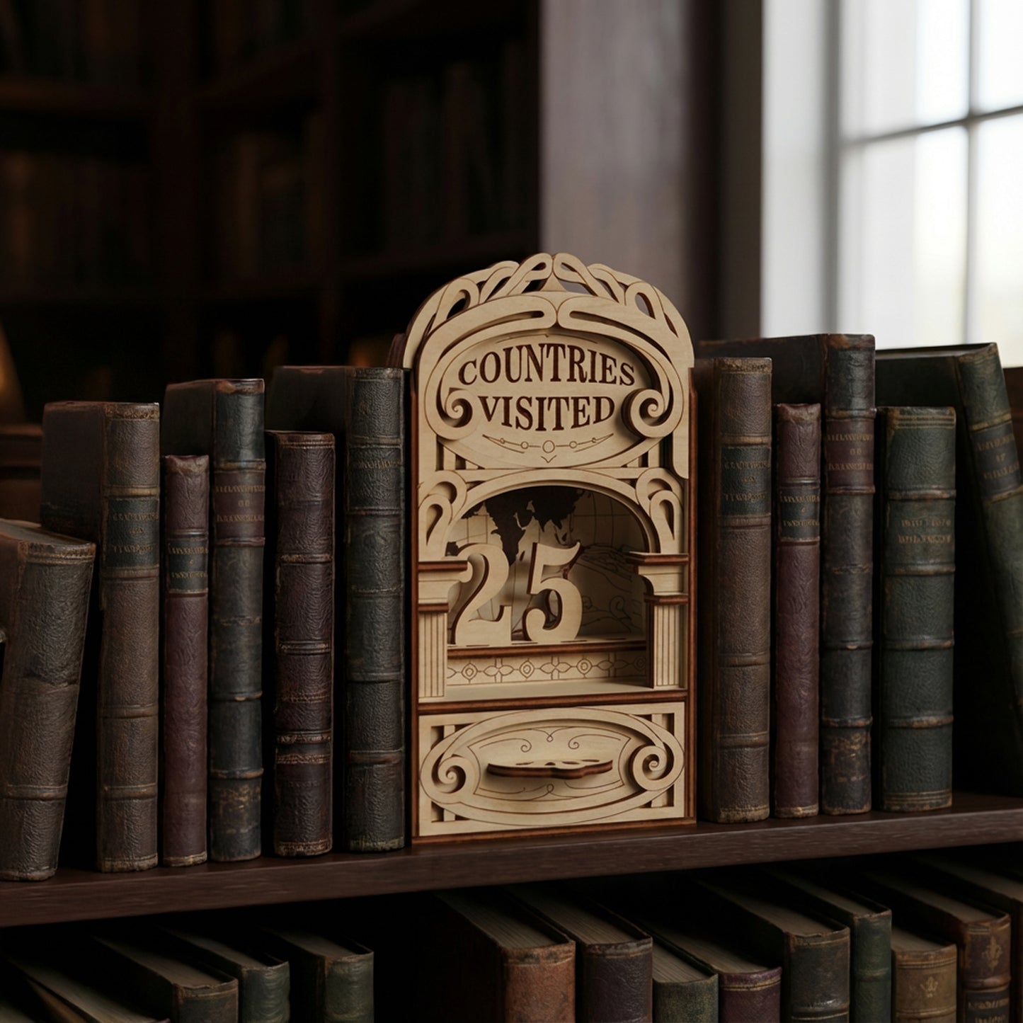 Wooden laser cut book nook 'Countries Visited' and number 25 on a bookshelf.