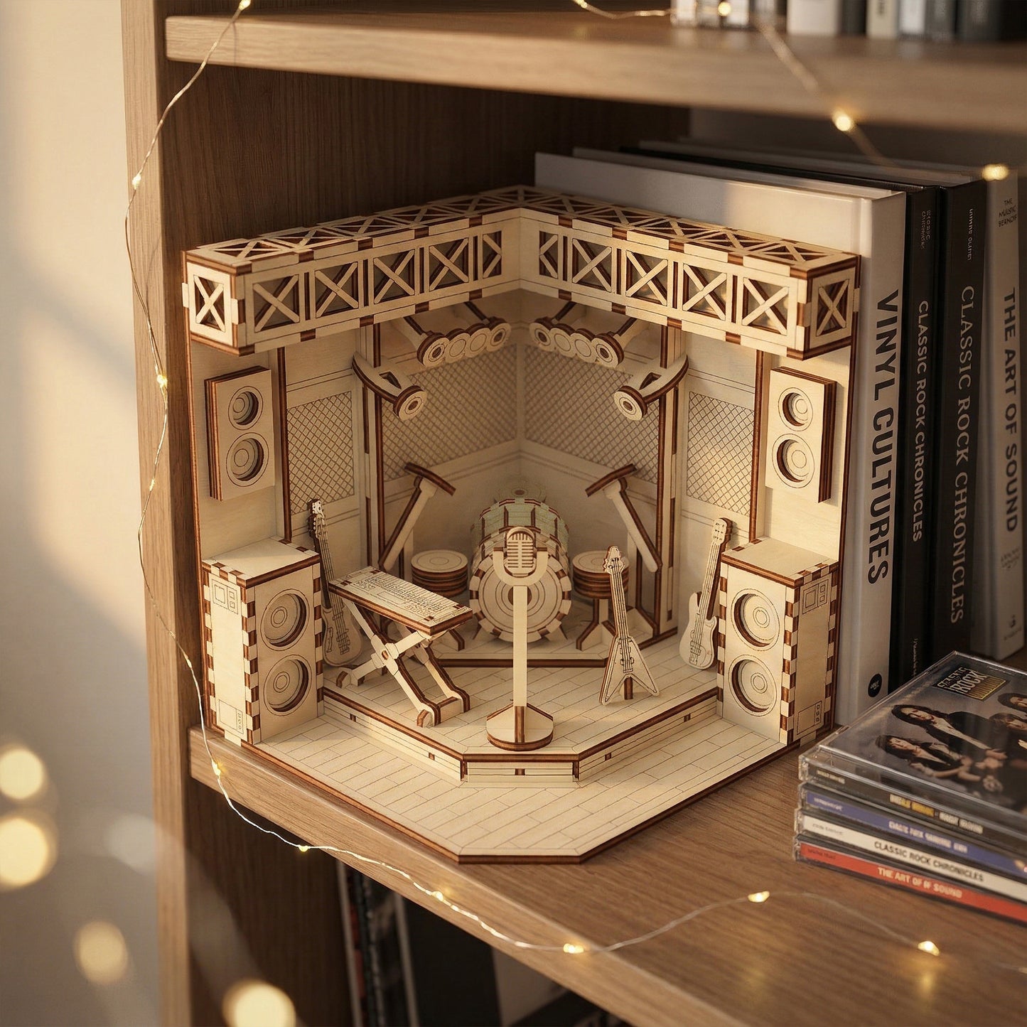 Wooden laser cut booknook of a radio studio on a shelf with books around