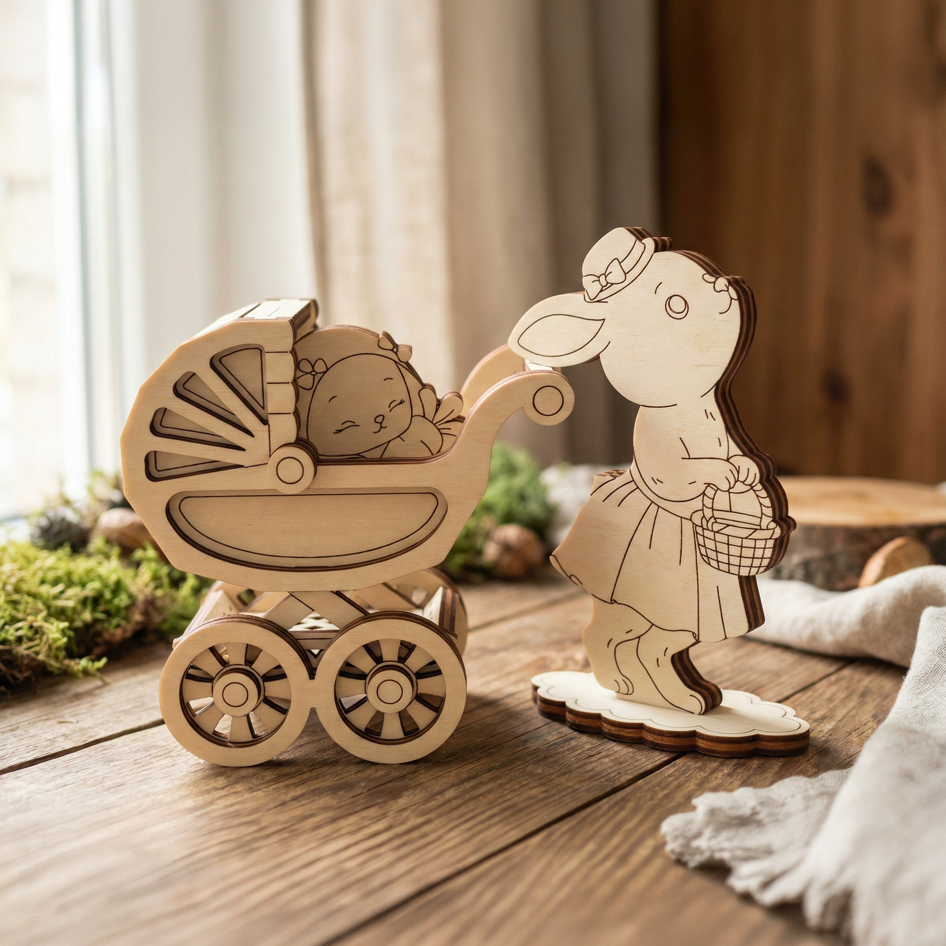 Wooden laser cut toy pram with a baby figure and a rabbit figure holding a basket on a wooden surface.