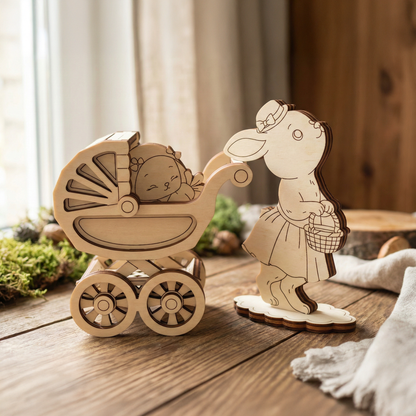 Wooden laser cut toy pram with a baby figure and a rabbit figure holding a basket on a wooden surface.