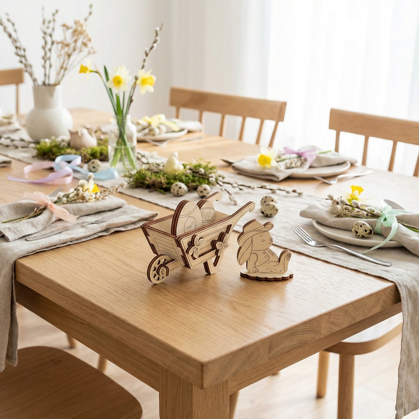 Dining table set with wooden cart and rabbit decorations, surrounded by chairs and floral arrangements.