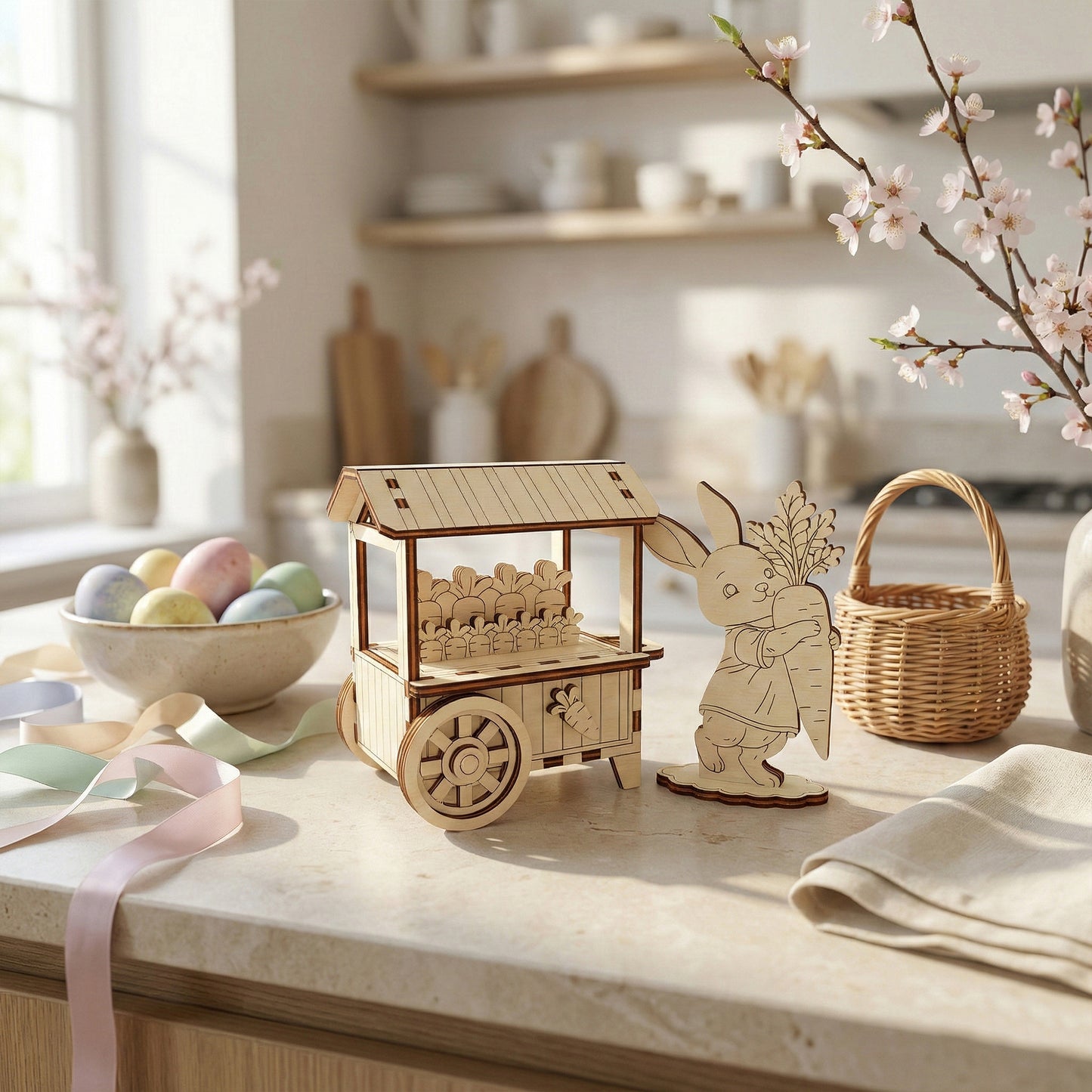 Wooden Easter display with a laser cut cart, bunny, and basket on a table.