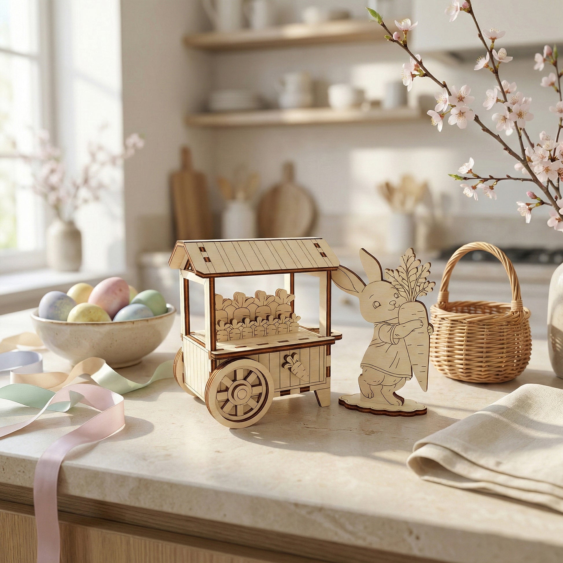 Wooden Easter display with a laser cut cart, bunny, and basket on a table.