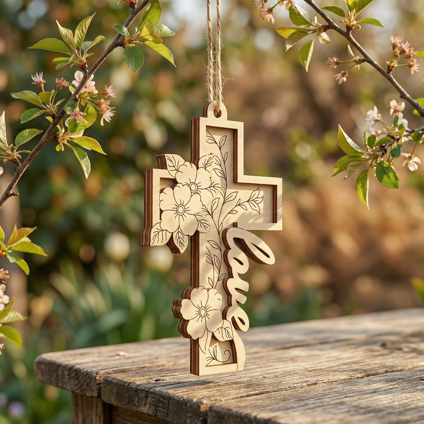 Wooden laser cut cross with floral designs and 'love' engraved, hanging outdoors on a branch.