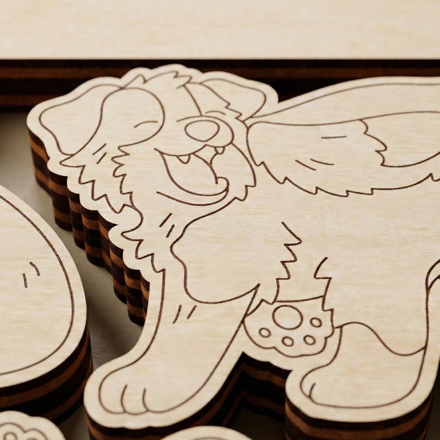 Wooden vector laser cut cutout of a dog on a wooden surface