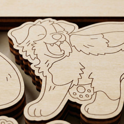 Wooden vector laser cut cutout of a dog on a wooden surface