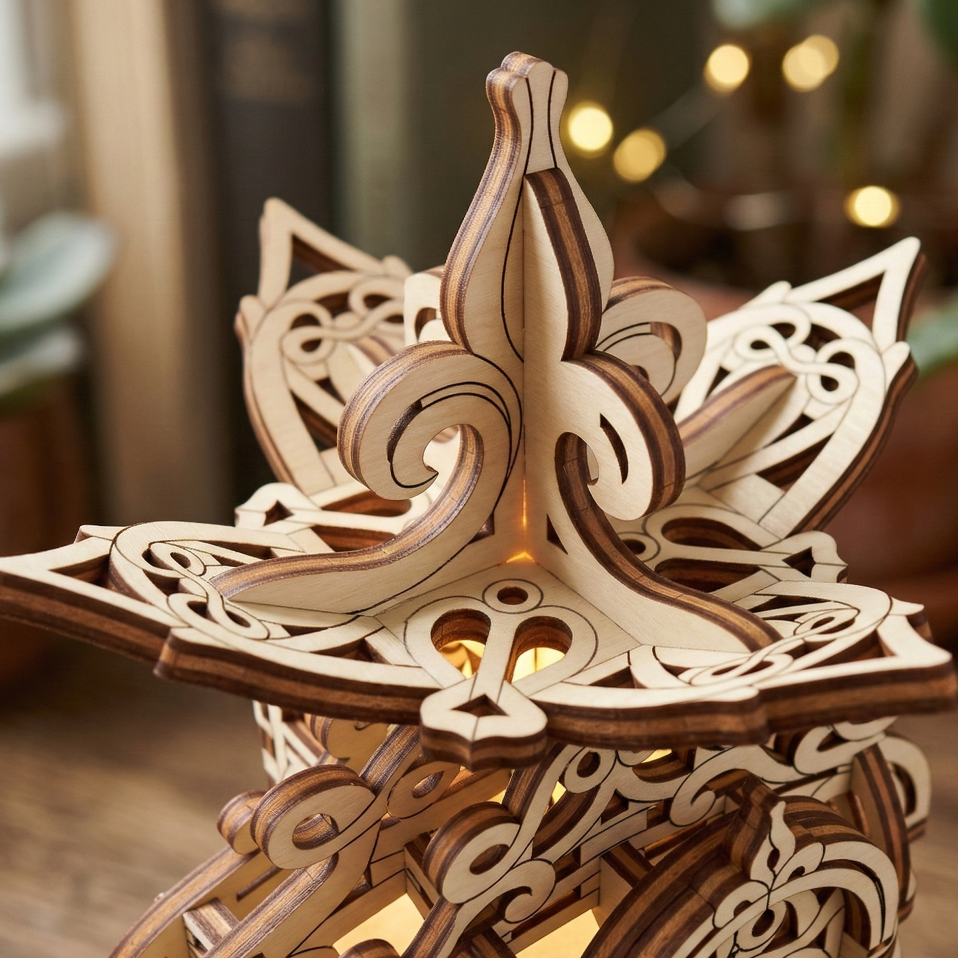 Wooden laser cut decorative flower with intricate carvings on a blurred background