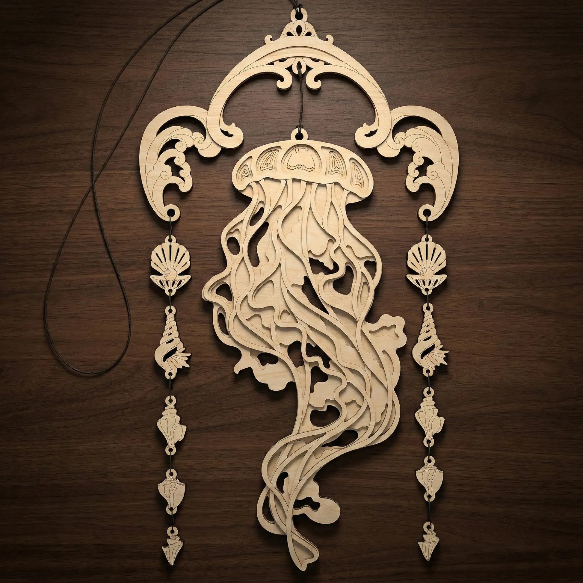 Decorative wooden laser cut jellyfish wall hanging on a wooden background