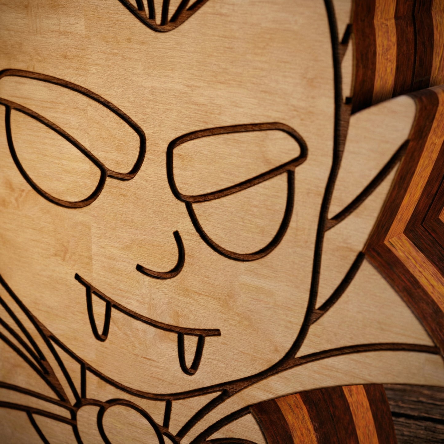 Wooden cutout of a face with glasses on a wooden background