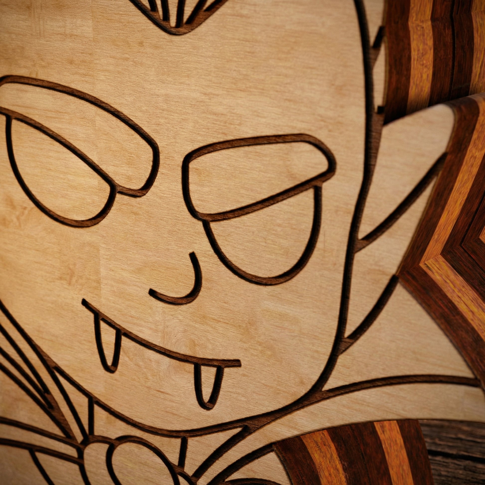 Wooden cutout of a face with glasses on a wooden background