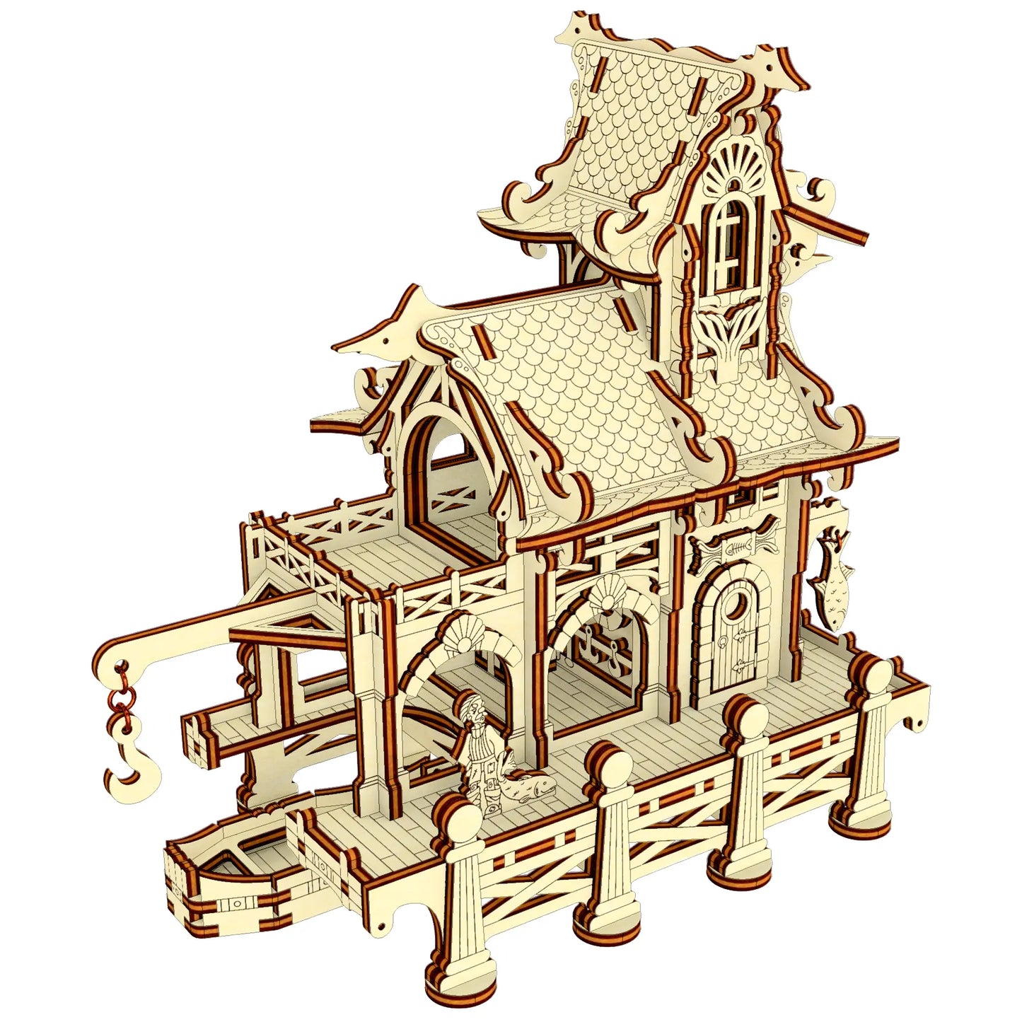 High-angle view of a laser cut plywood sailor house project showing the crane, docks, and complex interlocking parts.
